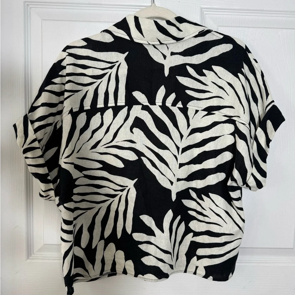 Rachel Roy Linen Blend Palm Leaf Boxy Top Medium Black Cream - Picture 2 of 8